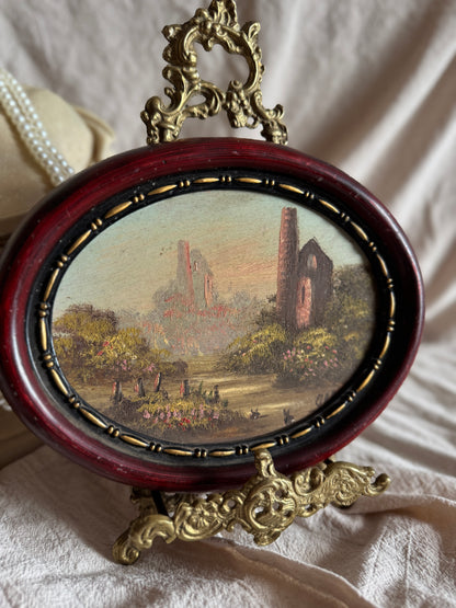 Vintage Oval Landscape Oil Painting in Burgundy Resin Frame