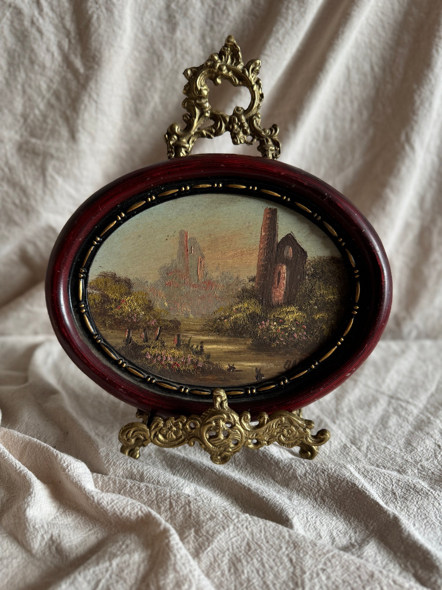 Vintage Oval Landscape Oil Painting in Burgundy Resin Frame