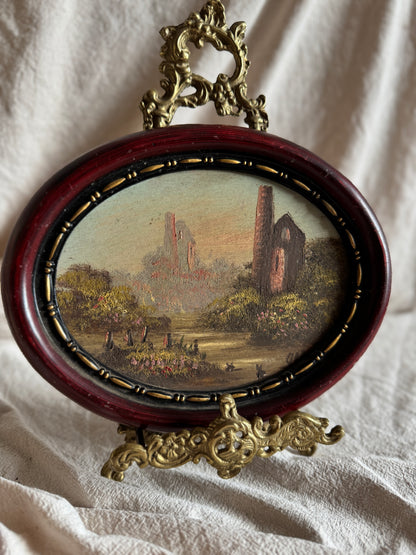 Vintage Oval Landscape Oil Painting in Burgundy Resin Frame