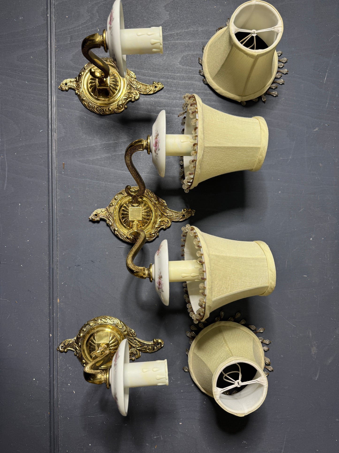 Capodimonte Style Brass and Fine Ceramic Vintage Chandelier + Wall Light Set | Porcelain White & Pink Flowers | Imported from Spain