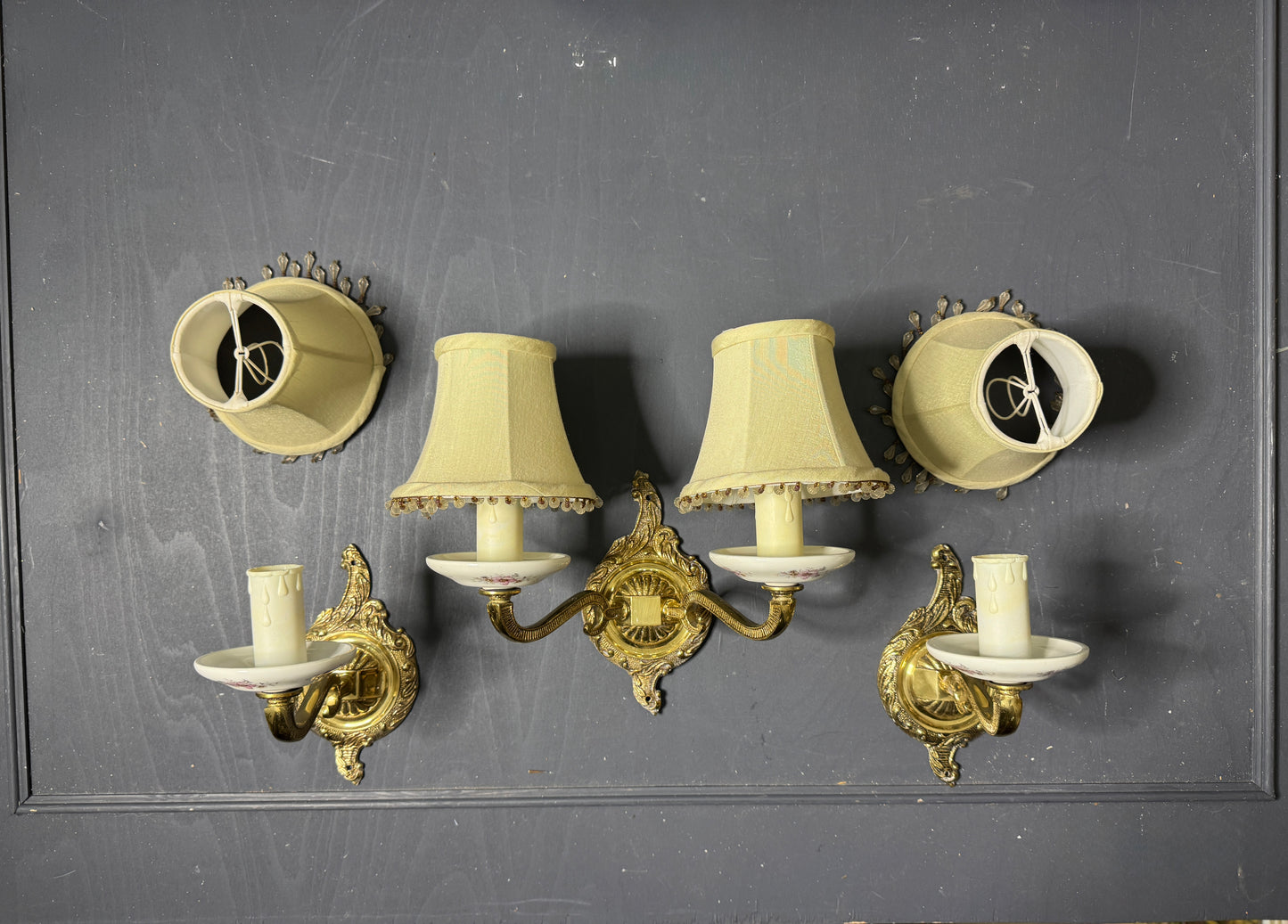 Capodimonte Style Brass and Fine Ceramic Vintage Chandelier + Wall Light Set | Porcelain White & Pink Flowers | Imported from Spain