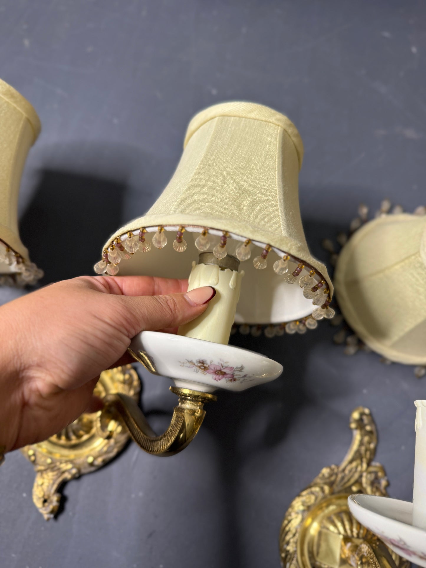 Capodimonte Style Brass and Fine Ceramic Vintage Chandelier + Wall Light Set | Porcelain White & Pink Flowers | Imported from Spain