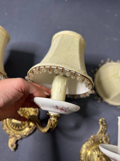 Capodimonte Style Brass and Fine Ceramic Vintage Chandelier + Wall Light Set | Porcelain White & Pink Flowers | Imported from Spain