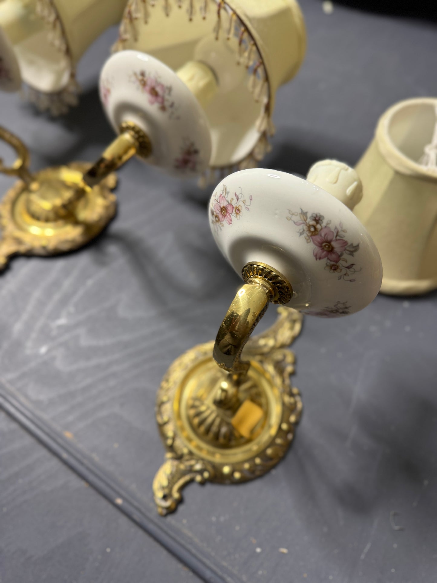 Capodimonte Style Brass and Fine Ceramic Vintage Chandelier + Wall Light Set | Porcelain White & Pink Flowers | Imported from Spain