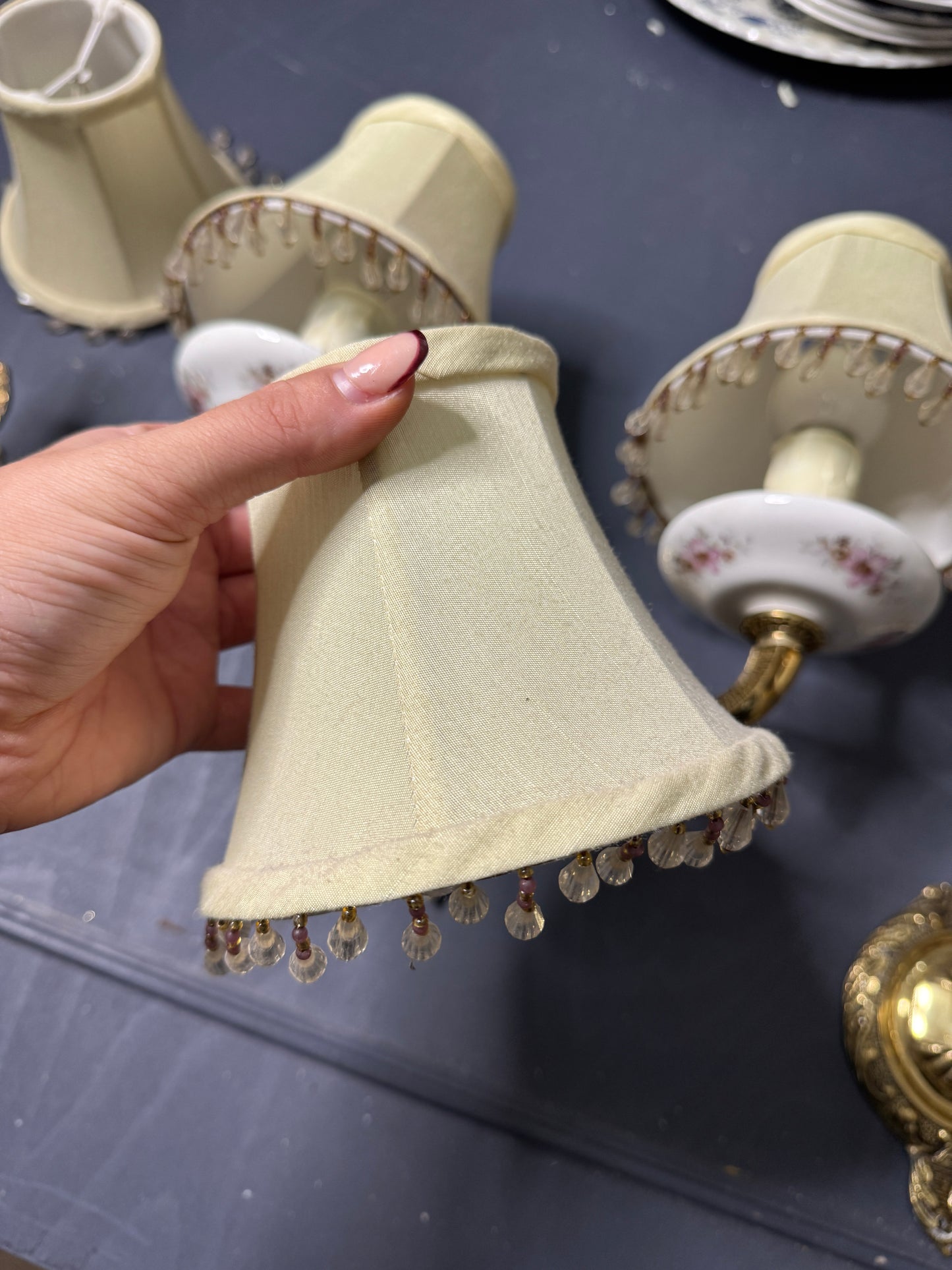 Capodimonte Style Brass and Fine Ceramic Vintage Chandelier + Wall Light Set | Porcelain White & Pink Flowers | Imported from Spain