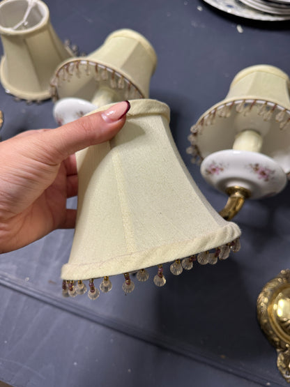 Capodimonte Style Brass and Fine Ceramic Vintage Chandelier + Wall Light Set | Porcelain White & Pink Flowers | Imported from Spain