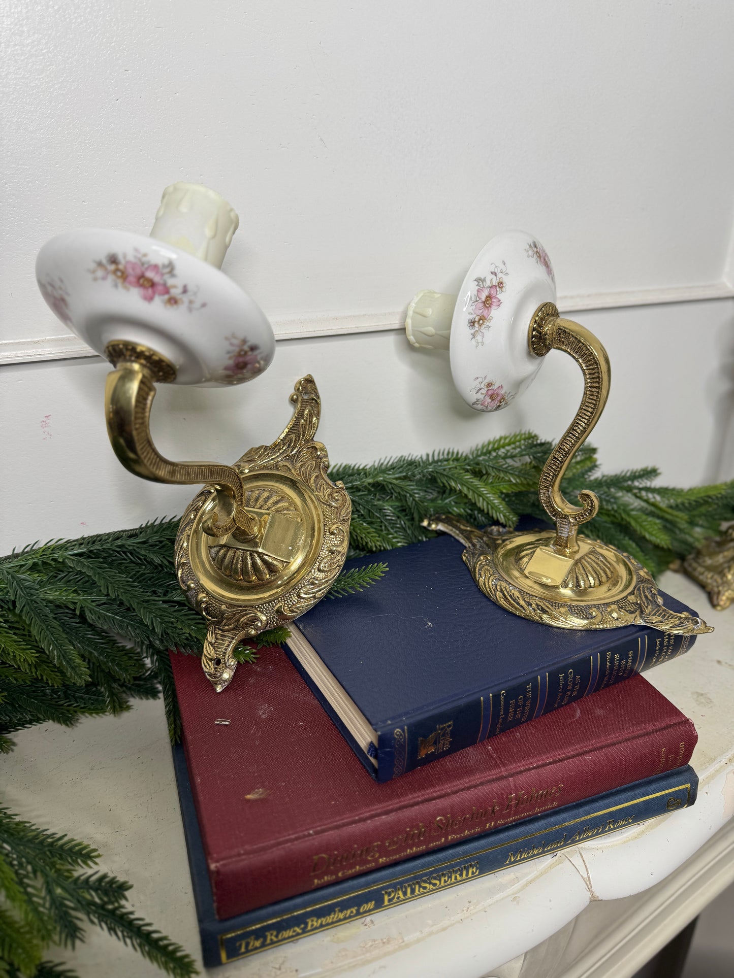 Capodimonte Style Brass and Fine Ceramic Vintage Chandelier + Wall Light Set | Porcelain White & Pink Flowers | Imported from Spain