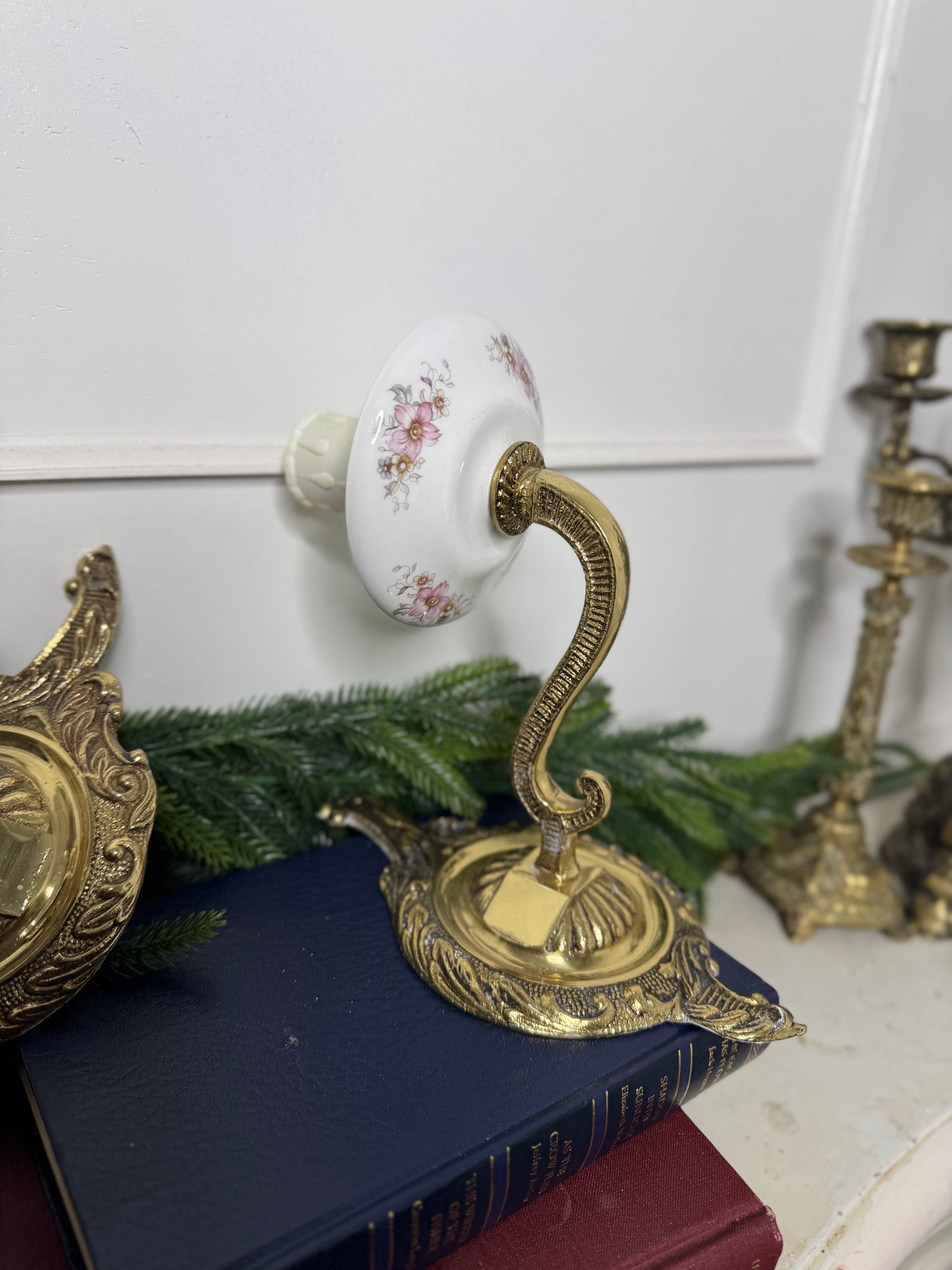 Capodimonte Style Brass and Fine Ceramic Vintage Chandelier + Wall Light Set | Porcelain White & Pink Flowers | Imported from Spain