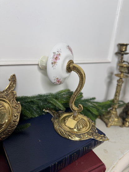 Capodimonte Style Brass and Fine Ceramic Vintage Chandelier + Wall Light Set | Porcelain White & Pink Flowers | Imported from Spain