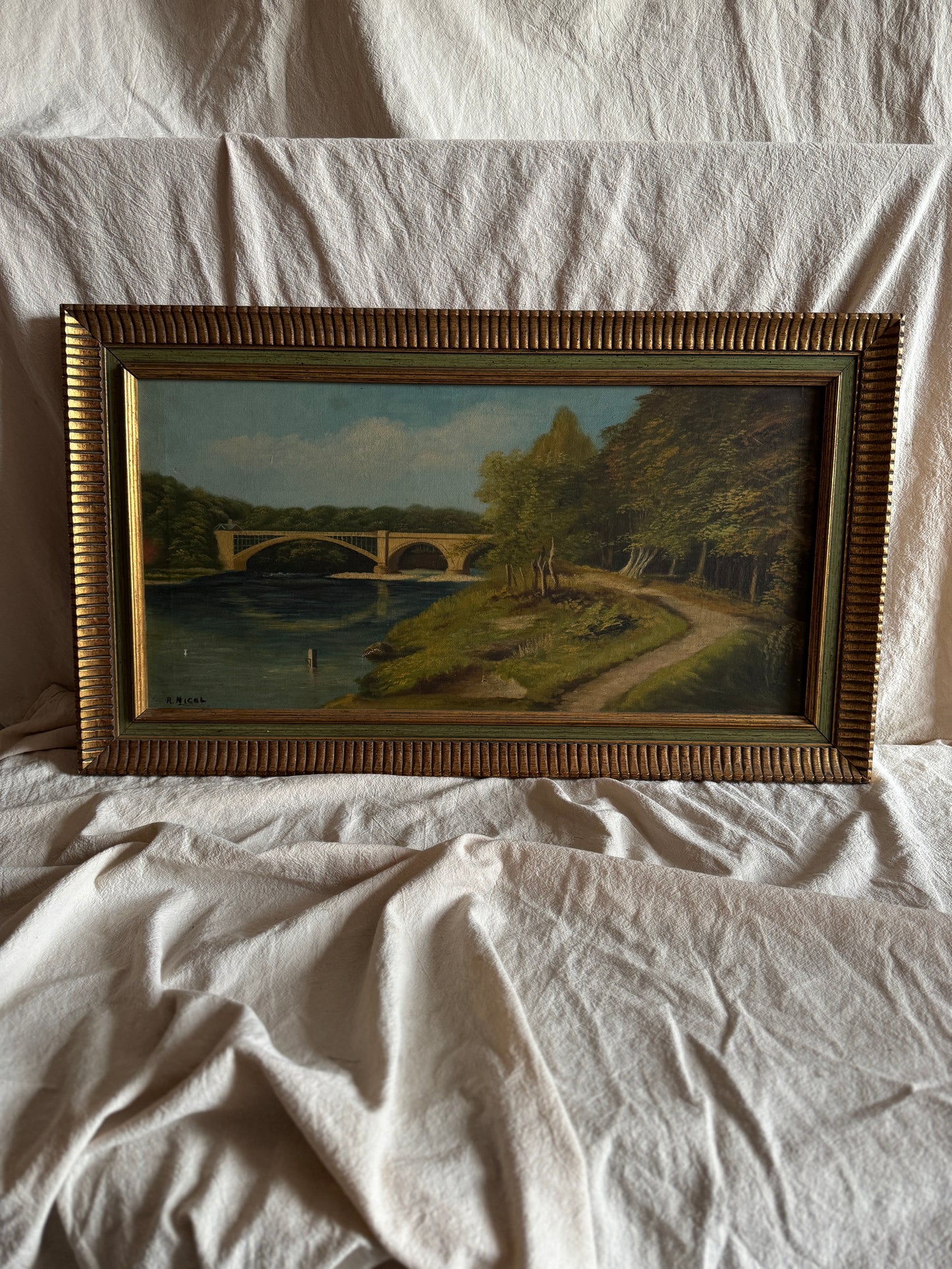 English Landscape Oil Painting by R.Nicol– Lower Hodder Bridge Scene Gold & Green Frame