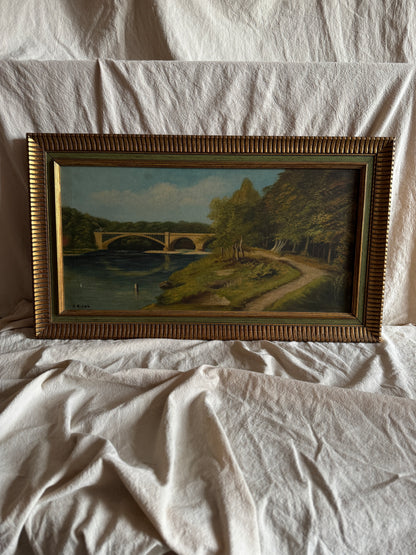 English Landscape Oil Painting by R.Nicol– Lower Hodder Bridge Scene Gold & Green Frame