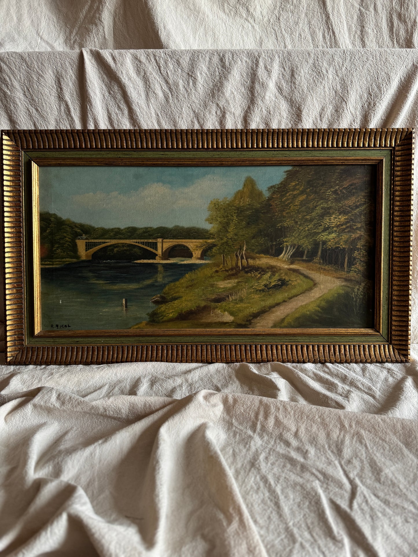 English Landscape Oil Painting by R.Nicol– Lower Hodder Bridge Scene Gold & Green Frame