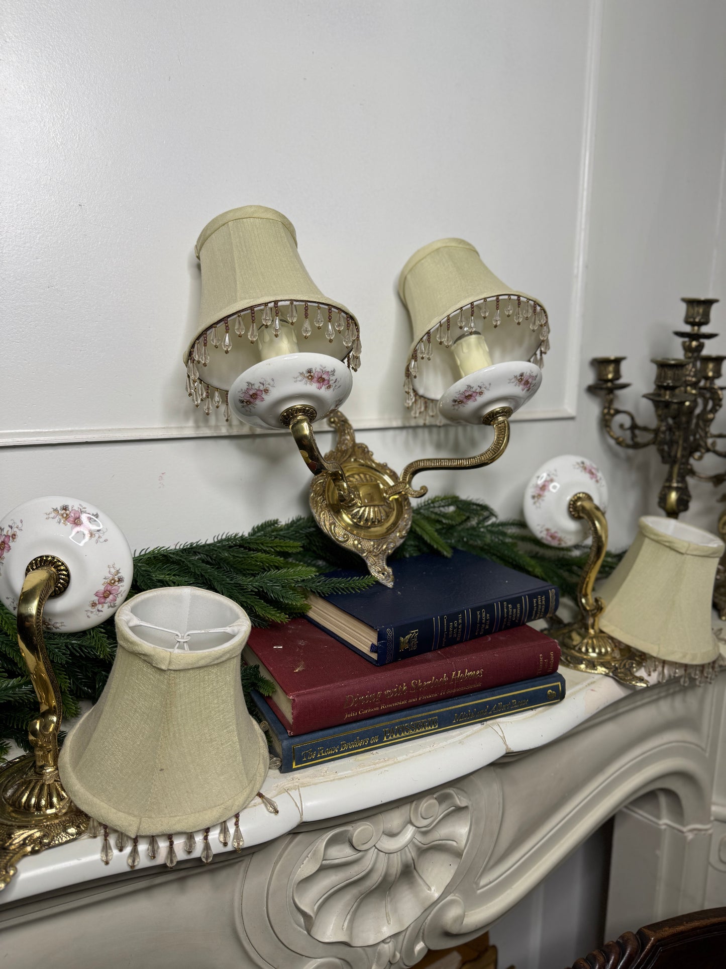 Capodimonte Style Brass and Fine Ceramic Vintage Chandelier + Wall Light Set | Porcelain White & Pink Flowers | Imported from Spain