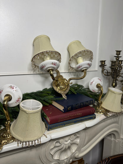 Capodimonte Style Brass and Fine Ceramic Vintage Chandelier + Wall Light Set | Porcelain White & Pink Flowers | Imported from Spain