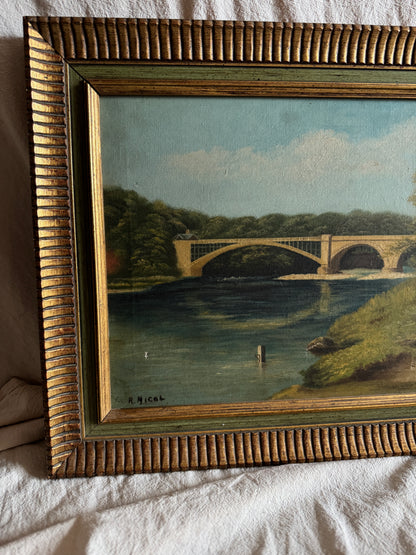 English Landscape Oil Painting by R.Nicol– Lower Hodder Bridge Scene Gold & Green Frame