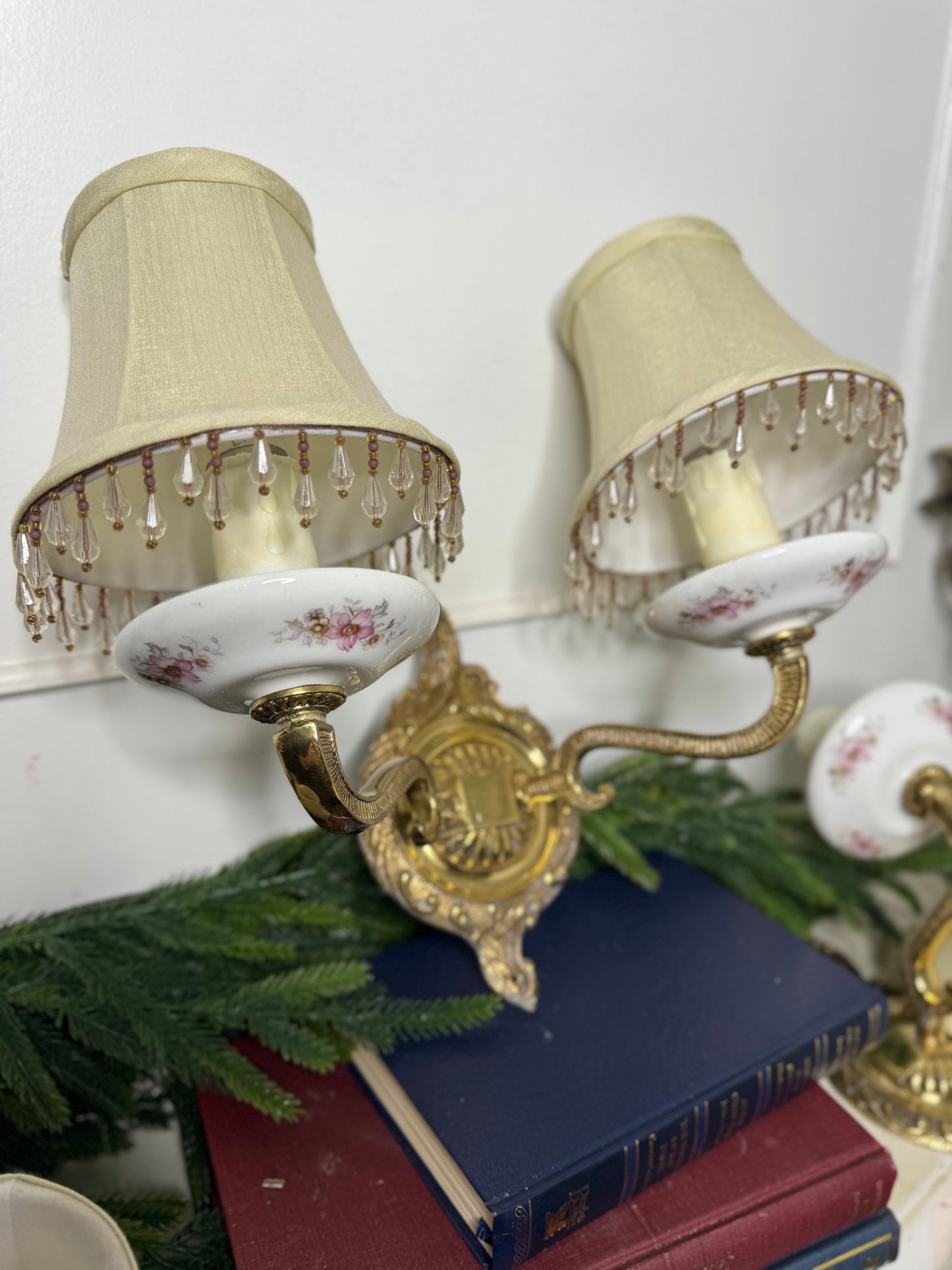 Capodimonte Style Brass and Fine Ceramic Vintage Chandelier + Wall Light Set | Porcelain White & Pink Flowers | Imported from Spain