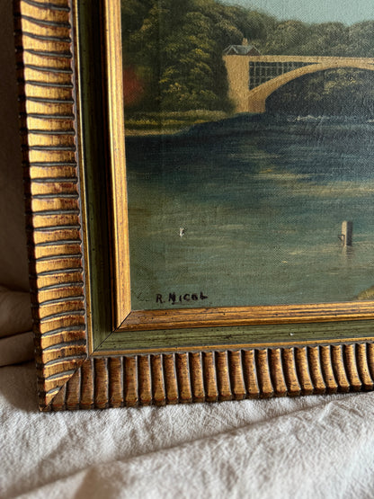 English Landscape Oil Painting by R.Nicol– Lower Hodder Bridge Scene Gold & Green Frame