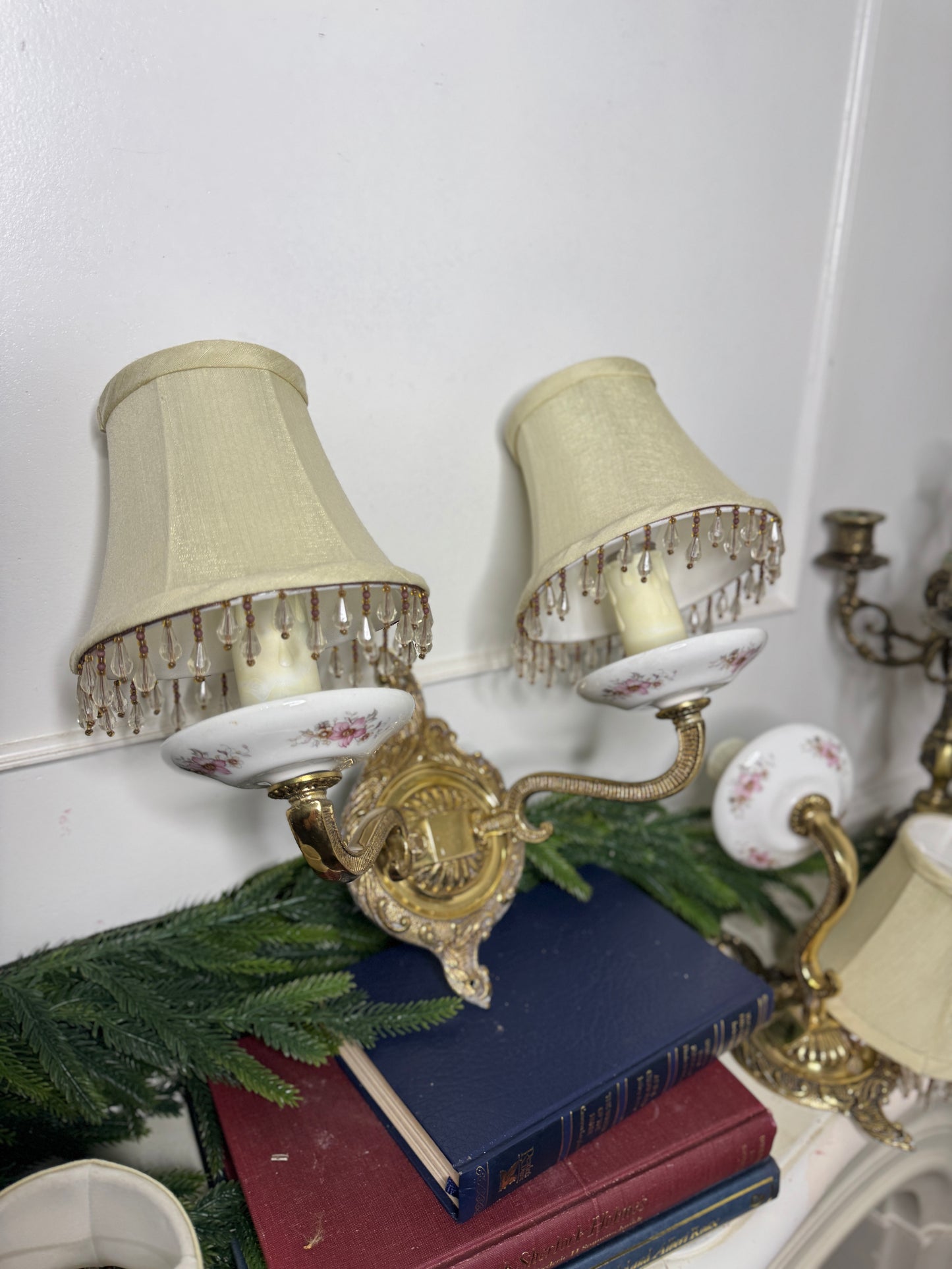 Capodimonte Style Brass and Fine Ceramic Vintage Chandelier + Wall Light Set | Porcelain White & Pink Flowers | Imported from Spain