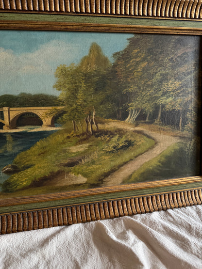English Landscape Oil Painting by R.Nicol– Lower Hodder Bridge Scene Gold & Green Frame