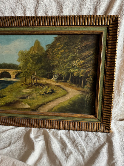 English Landscape Oil Painting by R.Nicol– Lower Hodder Bridge Scene Gold & Green Frame