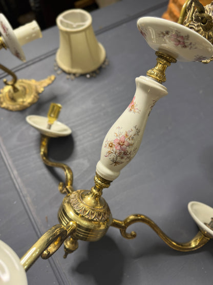 Capodimonte Style Brass and Fine Ceramic Vintage Chandelier + Wall Light Set | Porcelain White & Pink Flowers | Imported from Spain