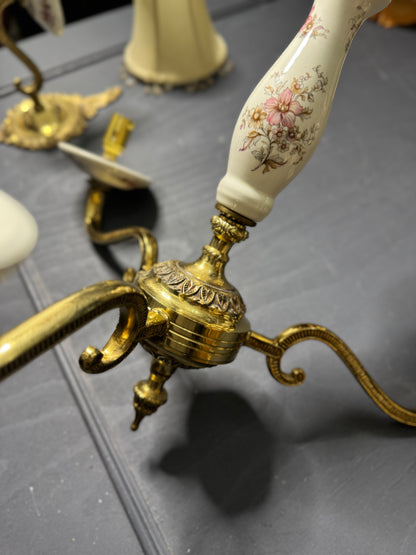 Capodimonte Style Brass and Fine Ceramic Vintage Chandelier + Wall Light Set | Porcelain White & Pink Flowers | Imported from Spain