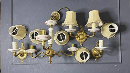 Capodimonte Style Brass and Fine Ceramic Vintage Chandelier + Wall Light Set | Porcelain White & Pink Flowers | Imported from Spain