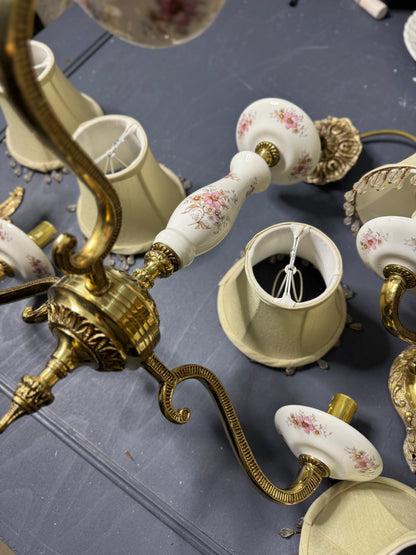 Capodimonte Style Brass and Fine Ceramic Vintage Chandelier + Wall Light Set | Porcelain White & Pink Flowers | Imported from Spain