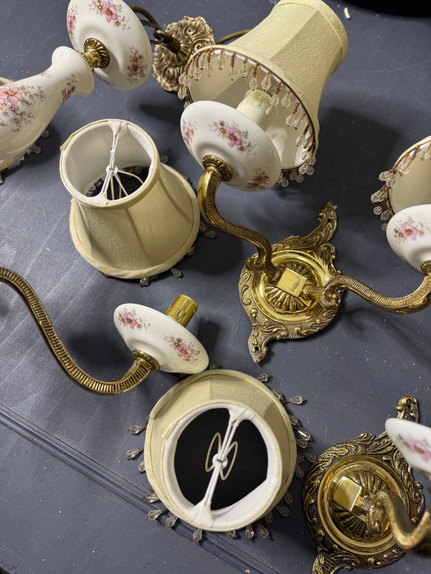 Capodimonte Style Brass and Fine Ceramic Vintage Chandelier + Wall Light Set | Porcelain White & Pink Flowers | Imported from Spain