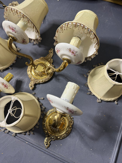 Capodimonte Style Brass and Fine Ceramic Vintage Chandelier + Wall Light Set | Porcelain White & Pink Flowers | Imported from Spain