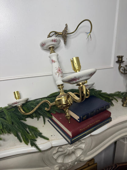 Capodimonte Style Brass and Fine Ceramic Vintage Chandelier + Wall Light Set | Porcelain White & Pink Flowers | Imported from Spain
