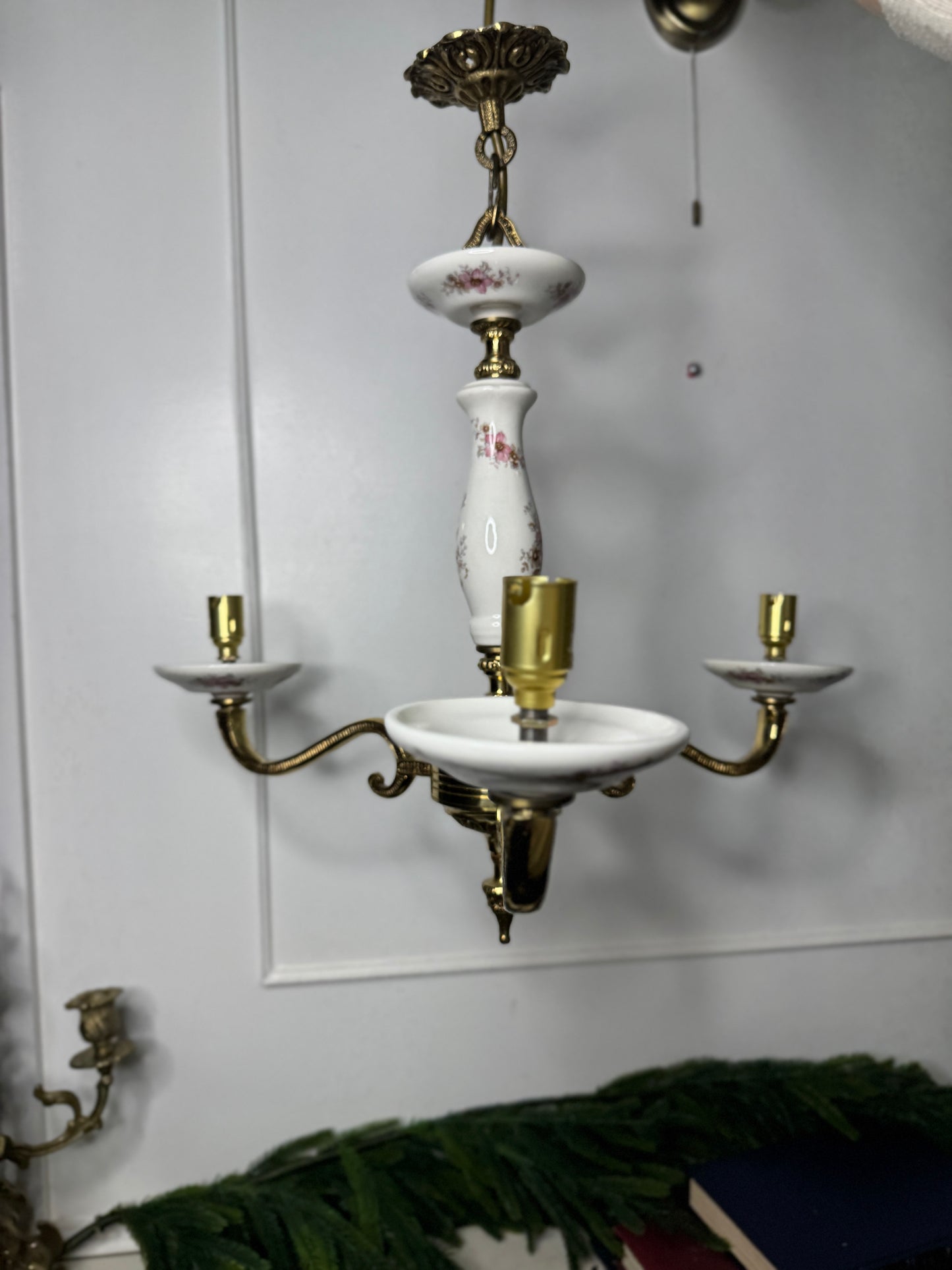 Capodimonte Style Brass and Fine Ceramic Vintage Chandelier + Wall Light Set | Porcelain White & Pink Flowers | Imported from Spain