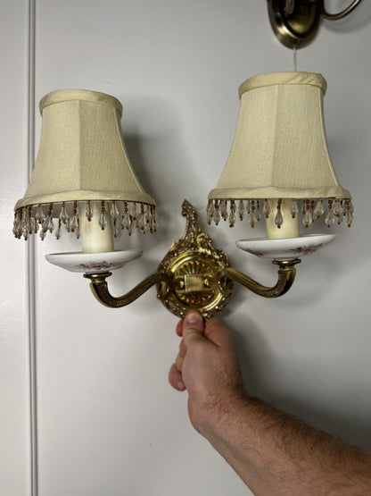 Capodimonte Style Brass and Fine Ceramic Vintage Chandelier + Wall Light Set | Porcelain White & Pink Flowers | Imported from Spain