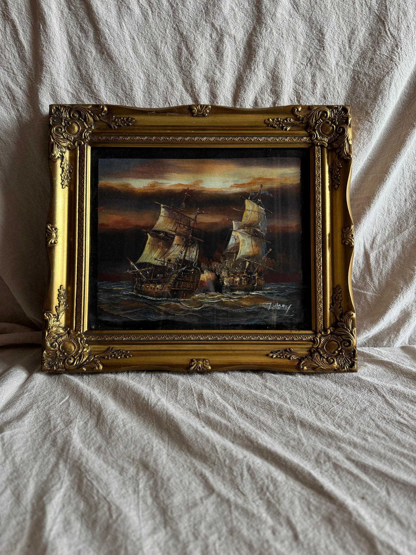 J. Harvey Naval Battle Oil Painting – Vintage Maritime Warship Art