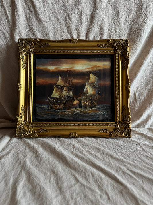 J. Harvey Naval Battle Oil Painting – Vintage Maritime Warship Art