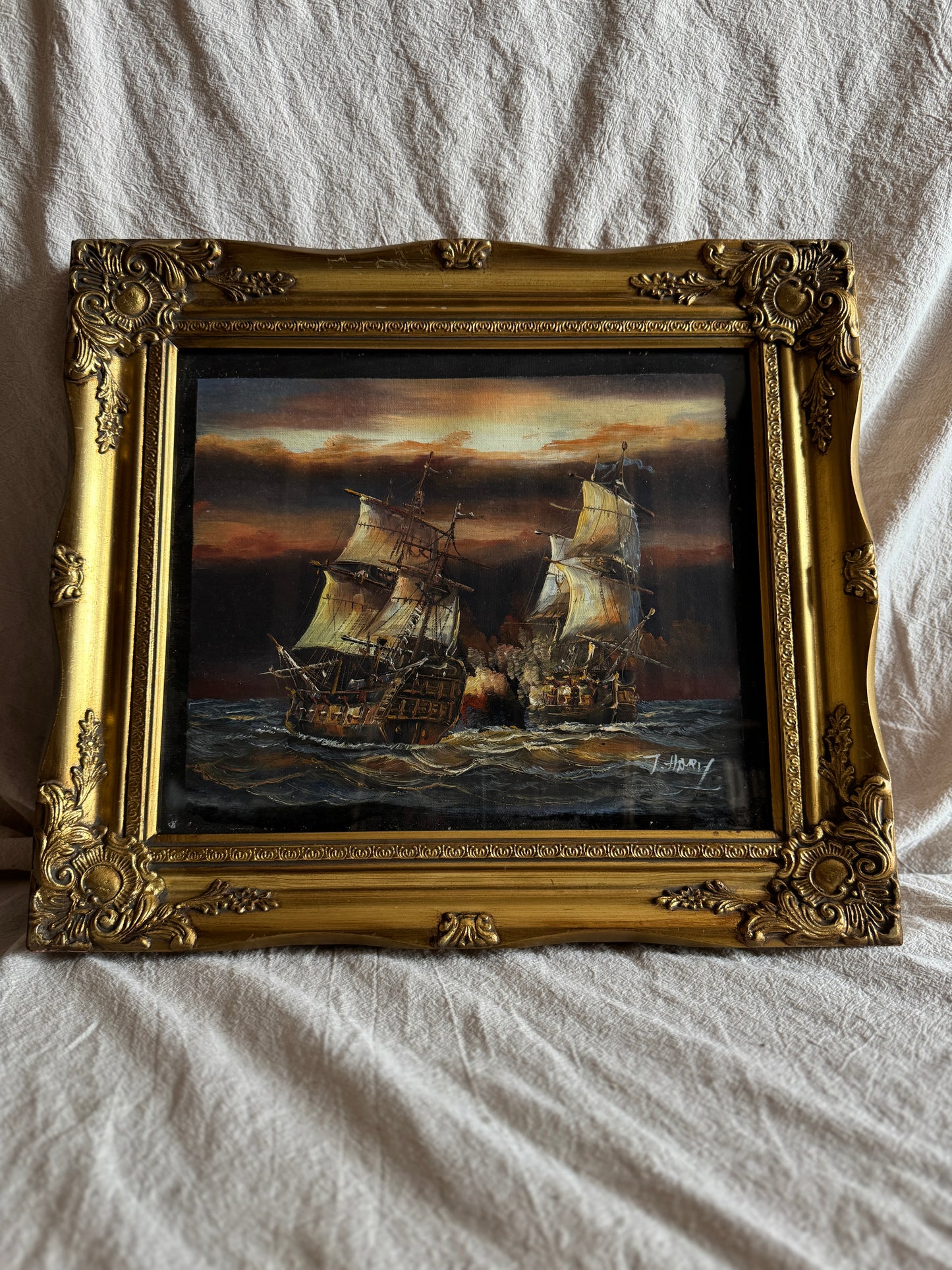 J. Harvey Naval Battle Oil Painting – Vintage Maritime Warship Art