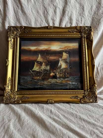 J. Harvey Naval Battle Oil Painting – Vintage Maritime Warship Art