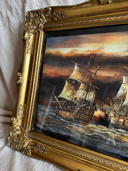 J. Harvey Naval Battle Oil Painting – Vintage Maritime Warship Art