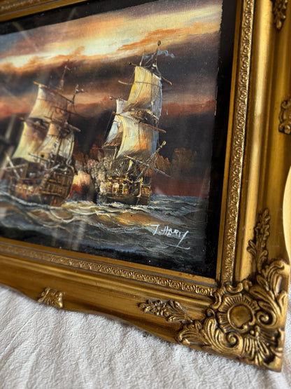 J. Harvey Naval Battle Oil Painting – Vintage Maritime Warship Art