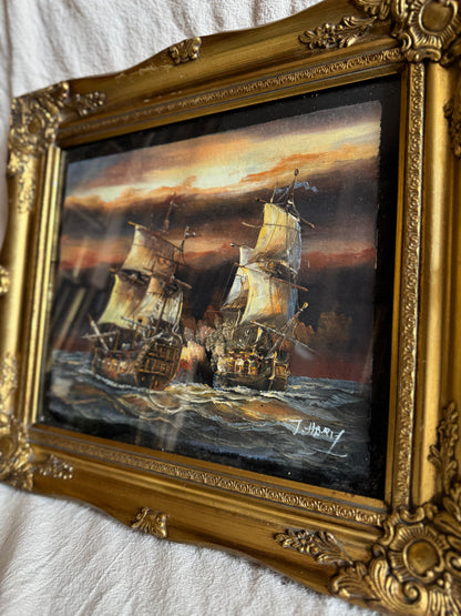 J. Harvey Naval Battle Oil Painting – Vintage Maritime Warship Art