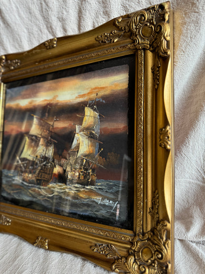 J. Harvey Naval Battle Oil Painting – Vintage Maritime Warship Art