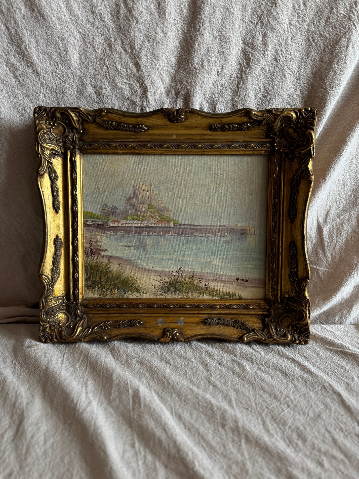 Vintage Signed Mont Orgueil Castle Oil Painting in Gold Ornate Frame -Small