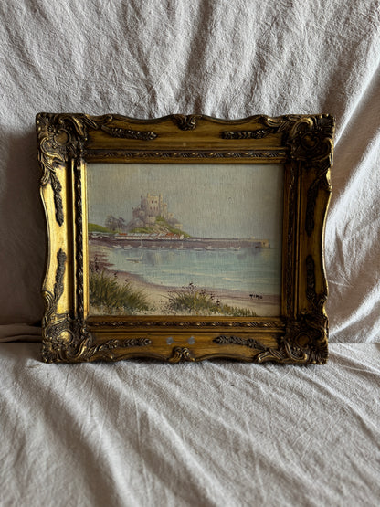 Vintage Signed Mont Orgueil Castle Oil Painting in Gold Ornate Frame -Small