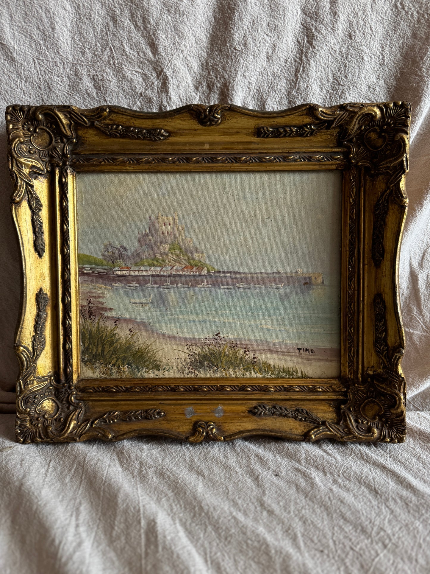 Vintage Signed Mont Orgueil Castle Oil Painting in Gold Ornate Frame -Small