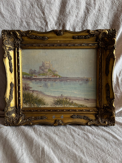 Vintage Signed Mont Orgueil Castle Oil Painting in Gold Ornate Frame -Small