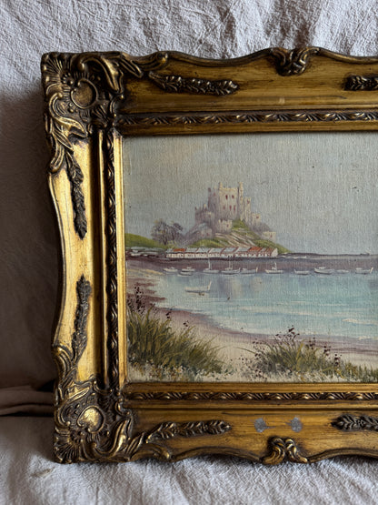Vintage Signed Mont Orgueil Castle Oil Painting in Gold Ornate Frame -Small
