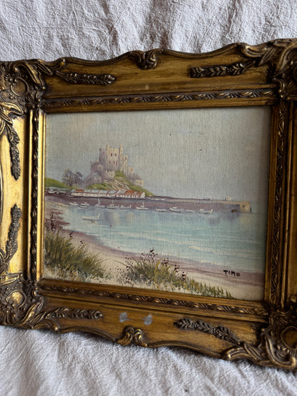 Vintage Signed Mont Orgueil Castle Oil Painting in Gold Ornate Frame -Small