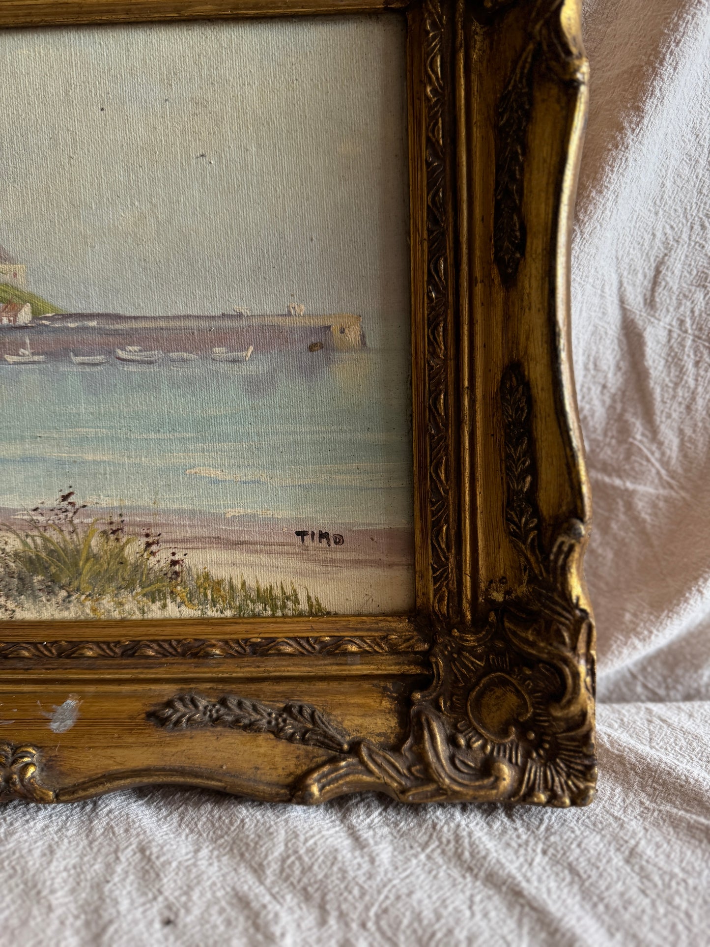 Vintage Signed Mont Orgueil Castle Oil Painting in Gold Ornate Frame -Small
