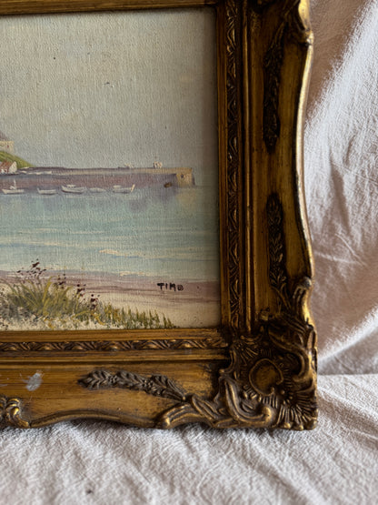 Vintage Signed Mont Orgueil Castle Oil Painting in Gold Ornate Frame -Small