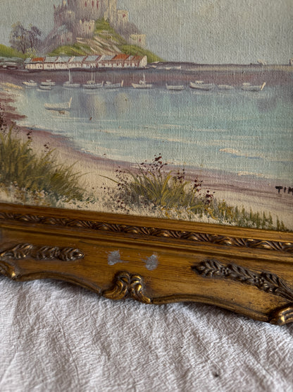 Vintage Signed Mont Orgueil Castle Oil Painting in Gold Ornate Frame -Small